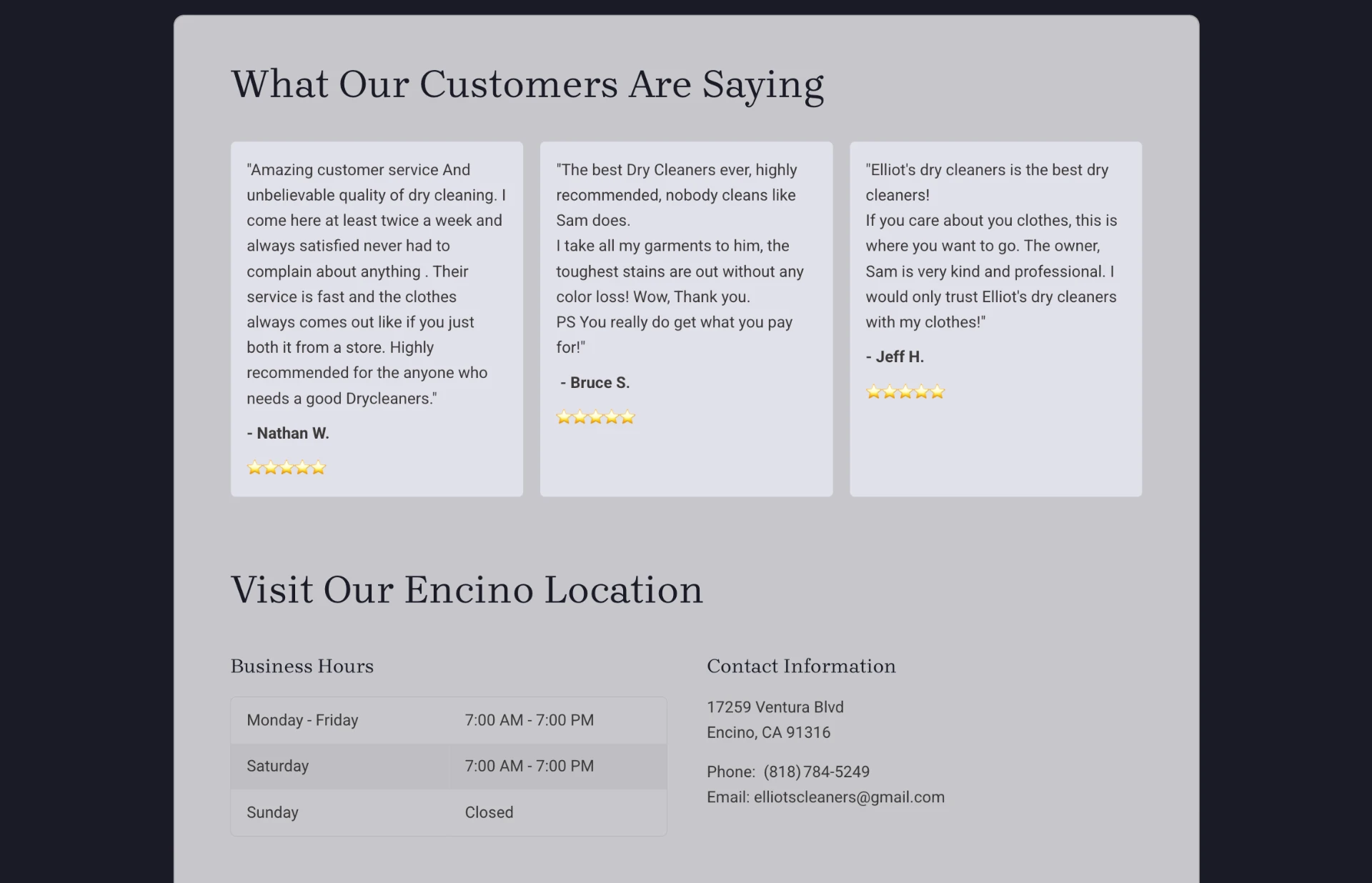 Elliot's Dry Cleaners reviews section with testimonials, hours and contact details